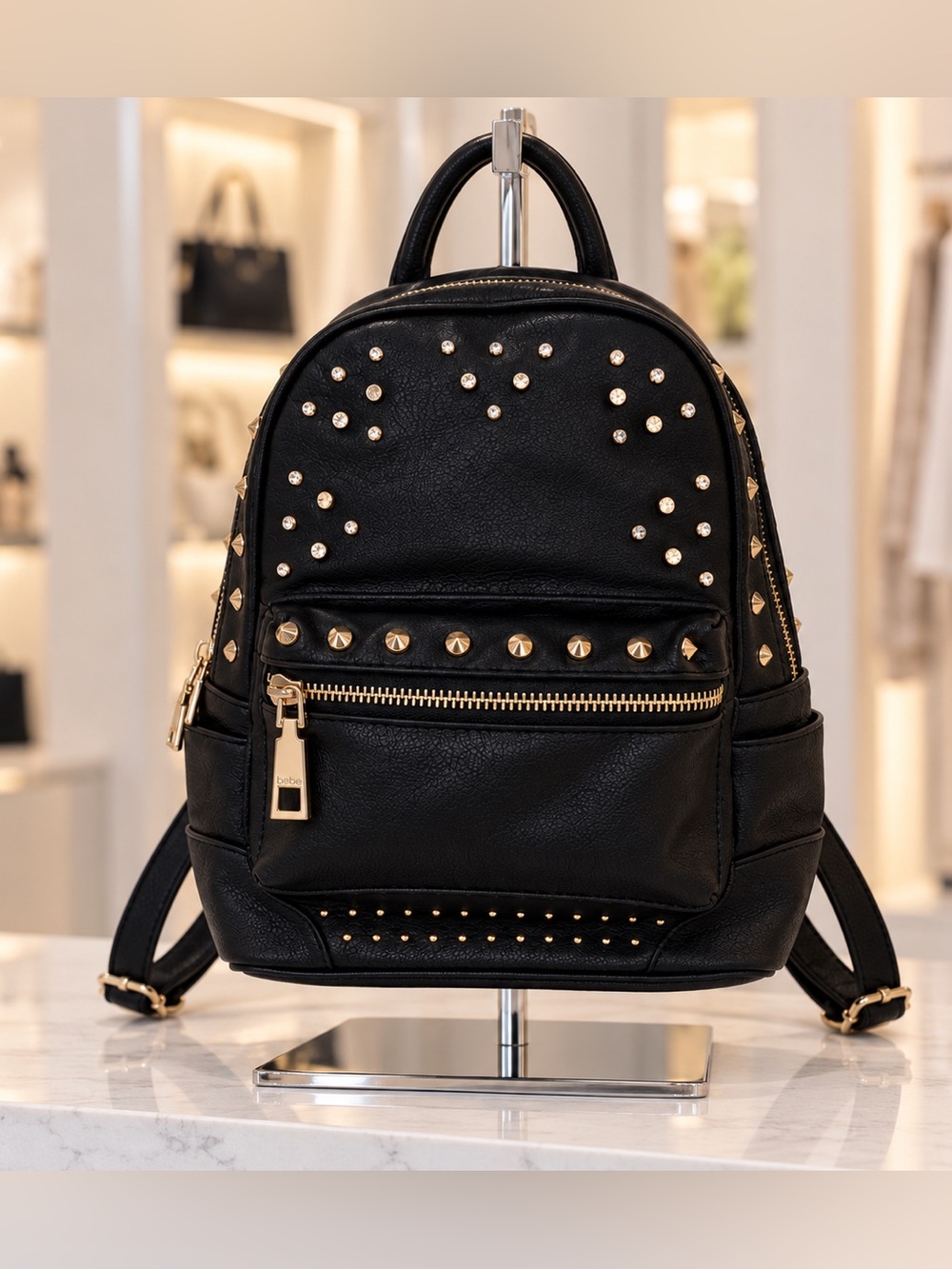 Bebe Black Studded Rhinestone Mini Backpack Convertible Purse